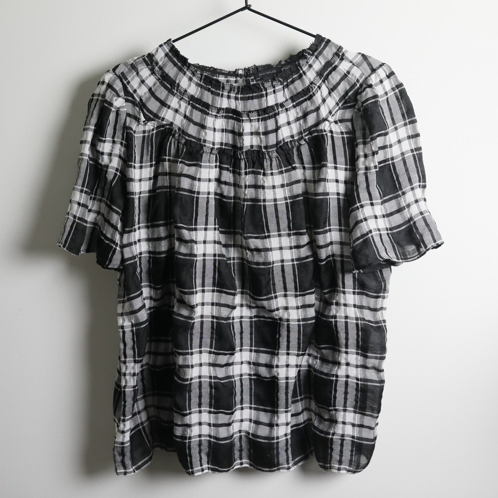 Ann Taylor Black White Thin Lightweight Plaid Blouse